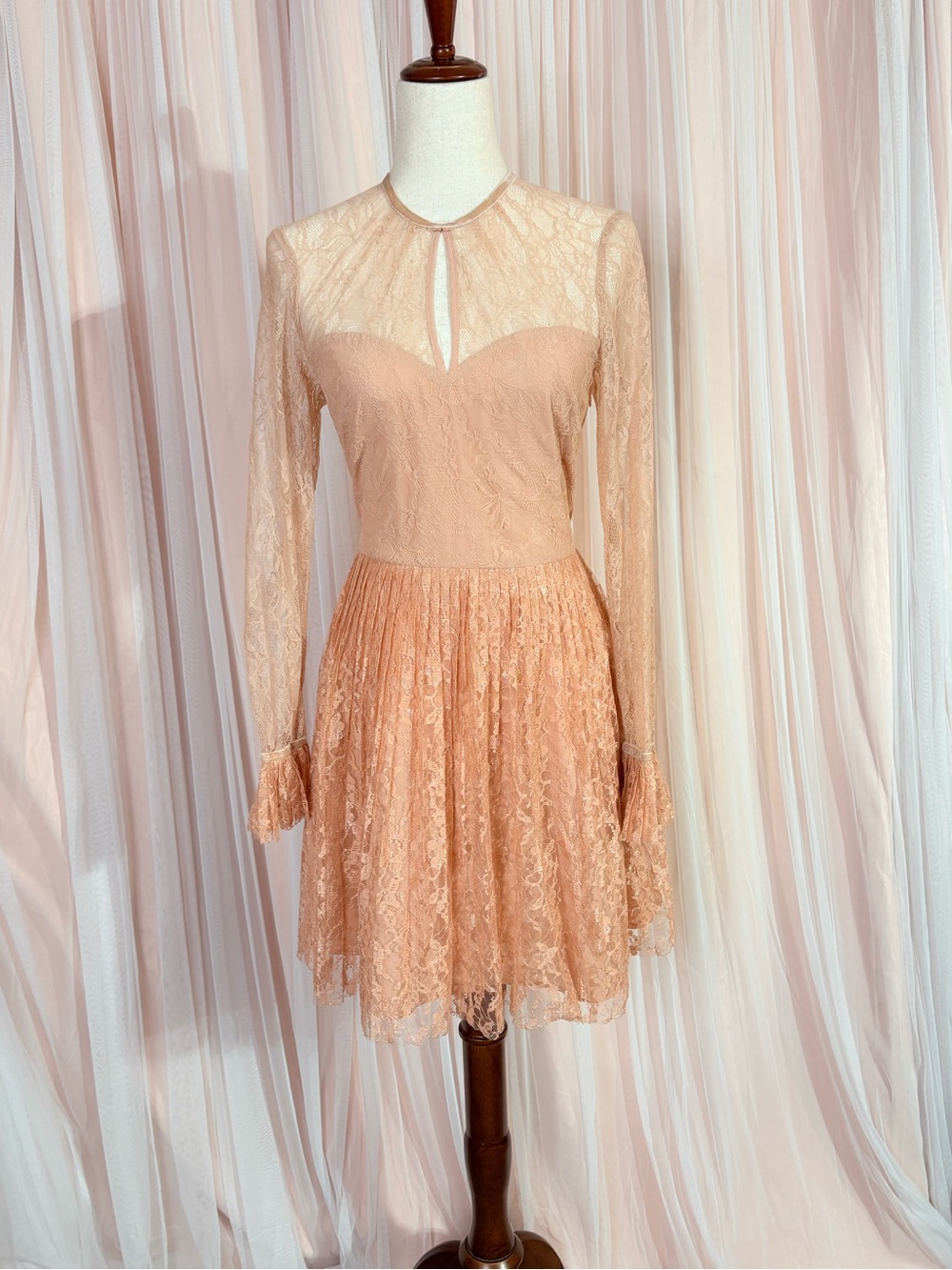 H&M Peach Lace Long-Sleeve Fit-and-Flare Dress
